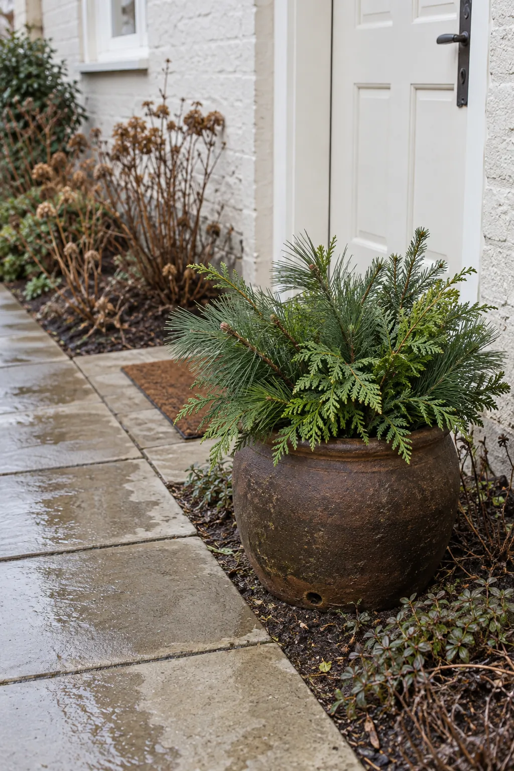 Local greenery in an outdoor pot in a natural Christmas home