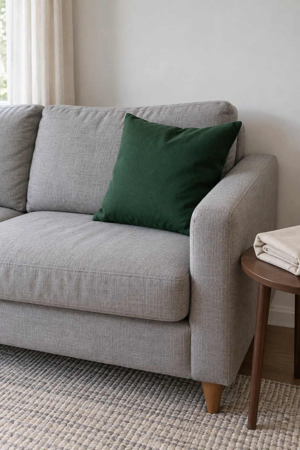 A deep green cotton cushion cover in a natural Christmas home