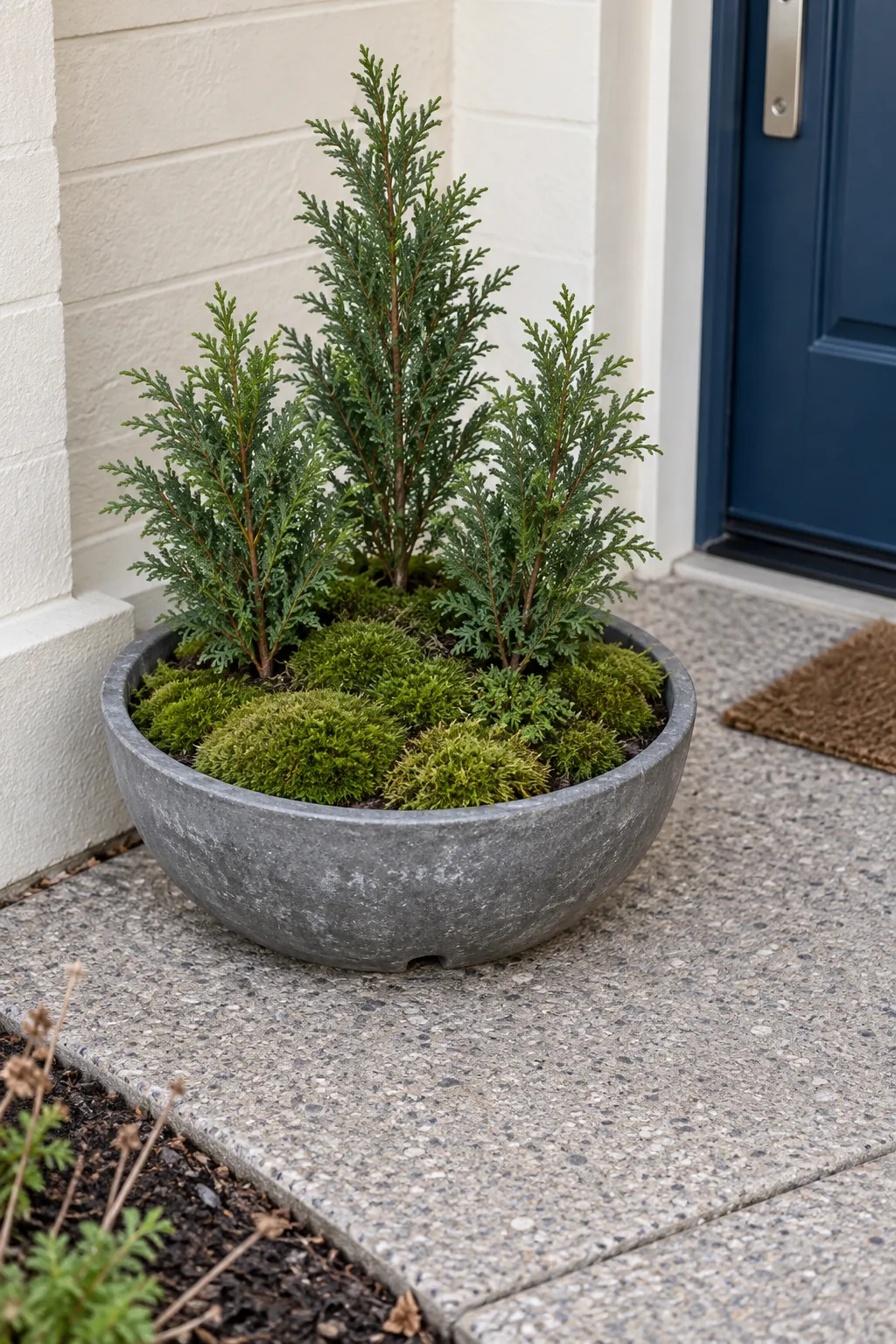 Nursery grown moss in a porch arrangement in a natural Christmas home