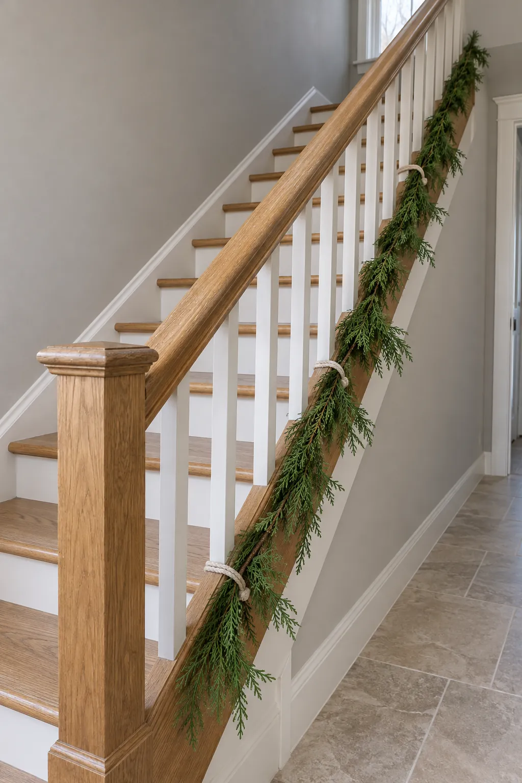 A little greenery below the stair handrail in a natural Christmas home
