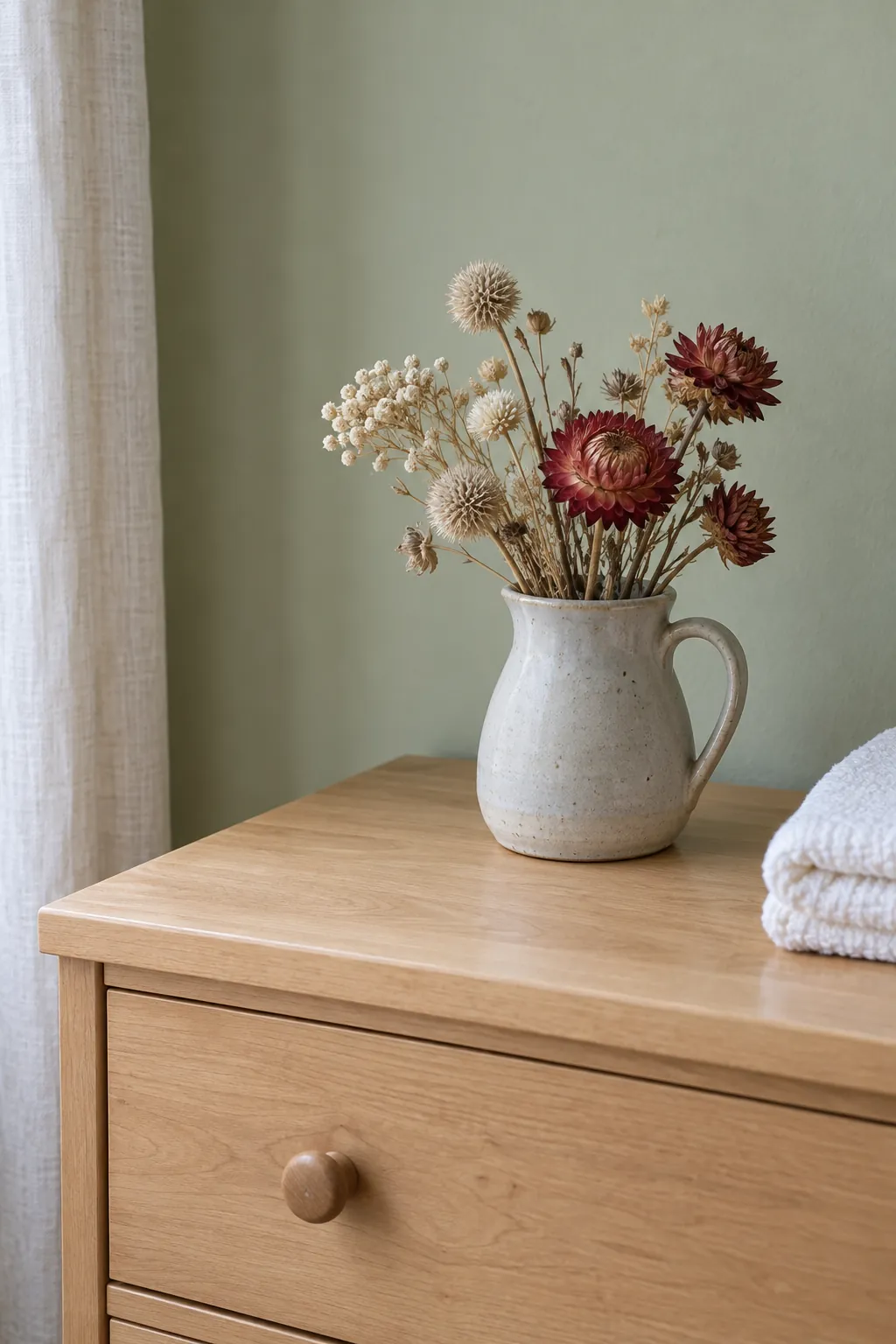 Dried flowers in a simple jug in a natural Christmas home
