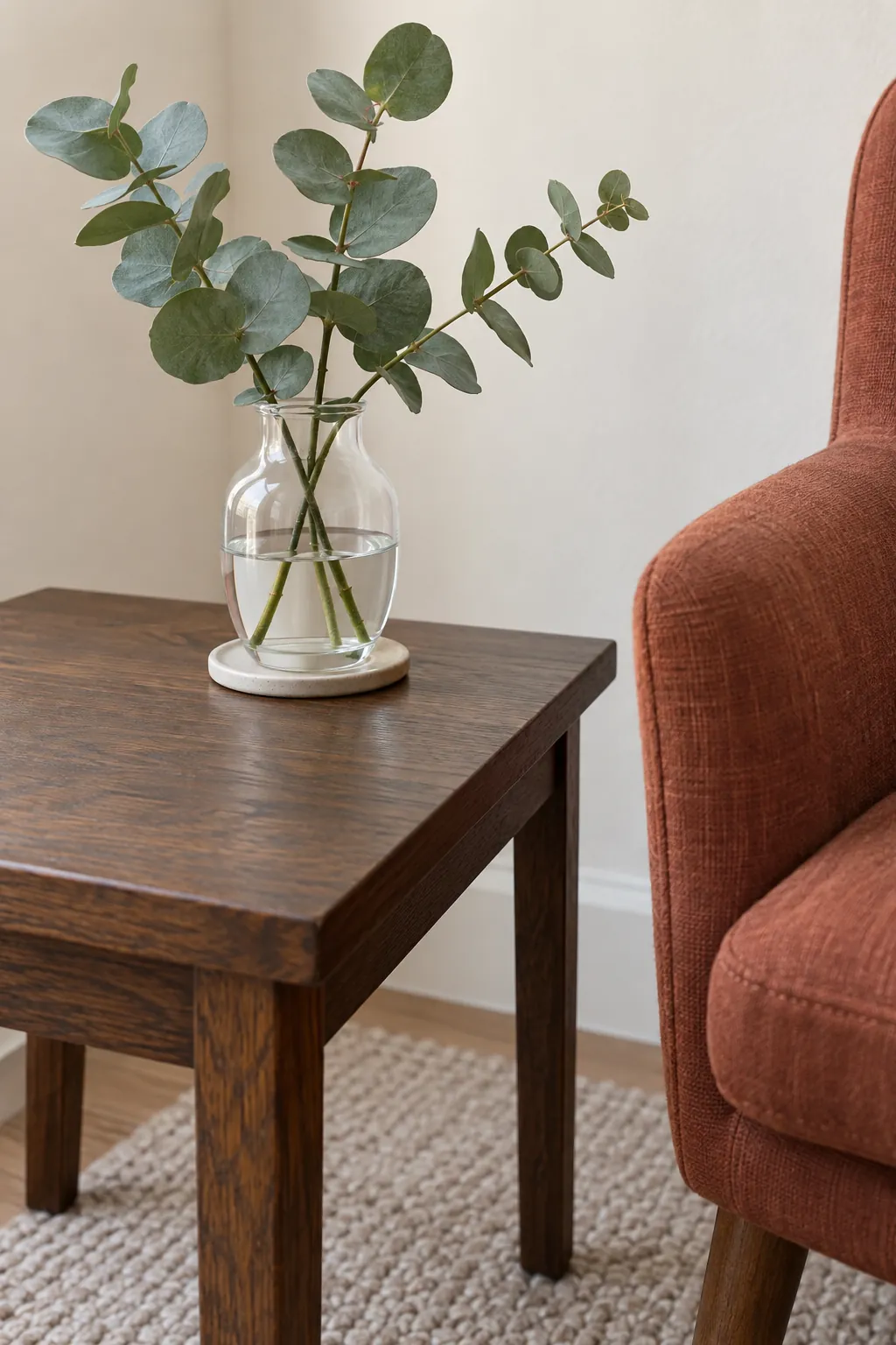 A small eucalyptus accent on a side table in a natural Christmas home