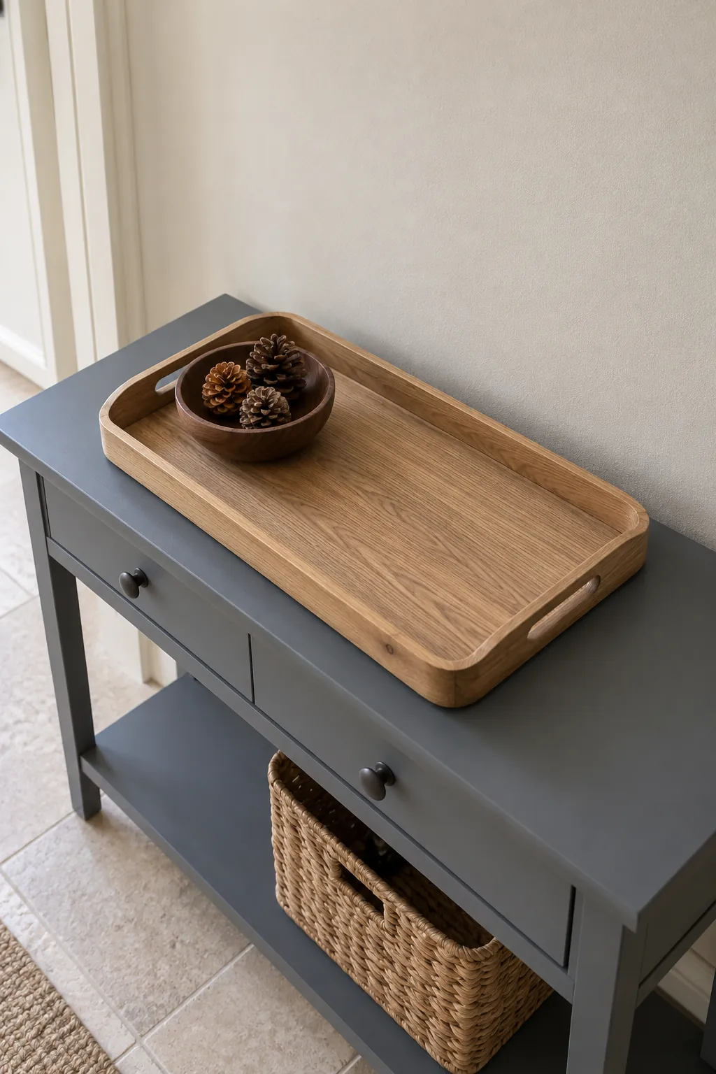 A natural tray that works after Christmas in a natural Christmas home