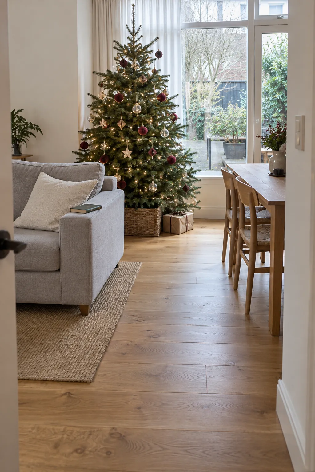 Christmas tree anchoring connected living and dining zones