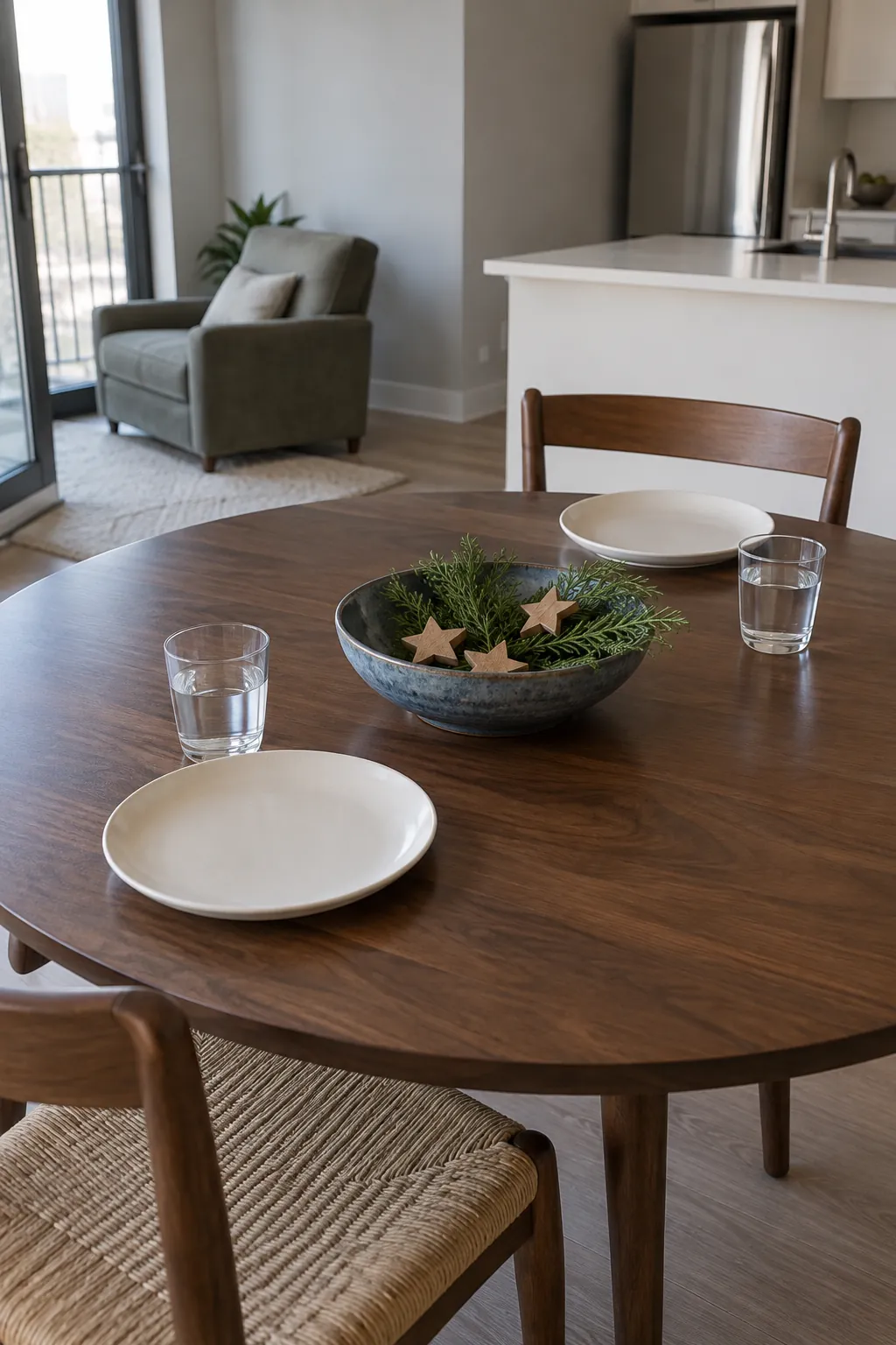 Low cedar arrangement on an everyday dining table