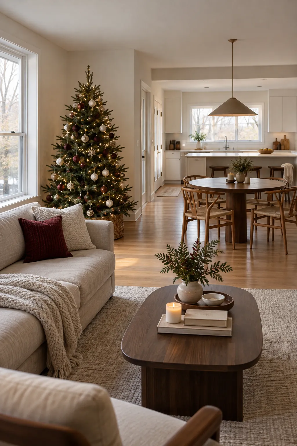 Calm connected home decorated with a single Christmas focal point
