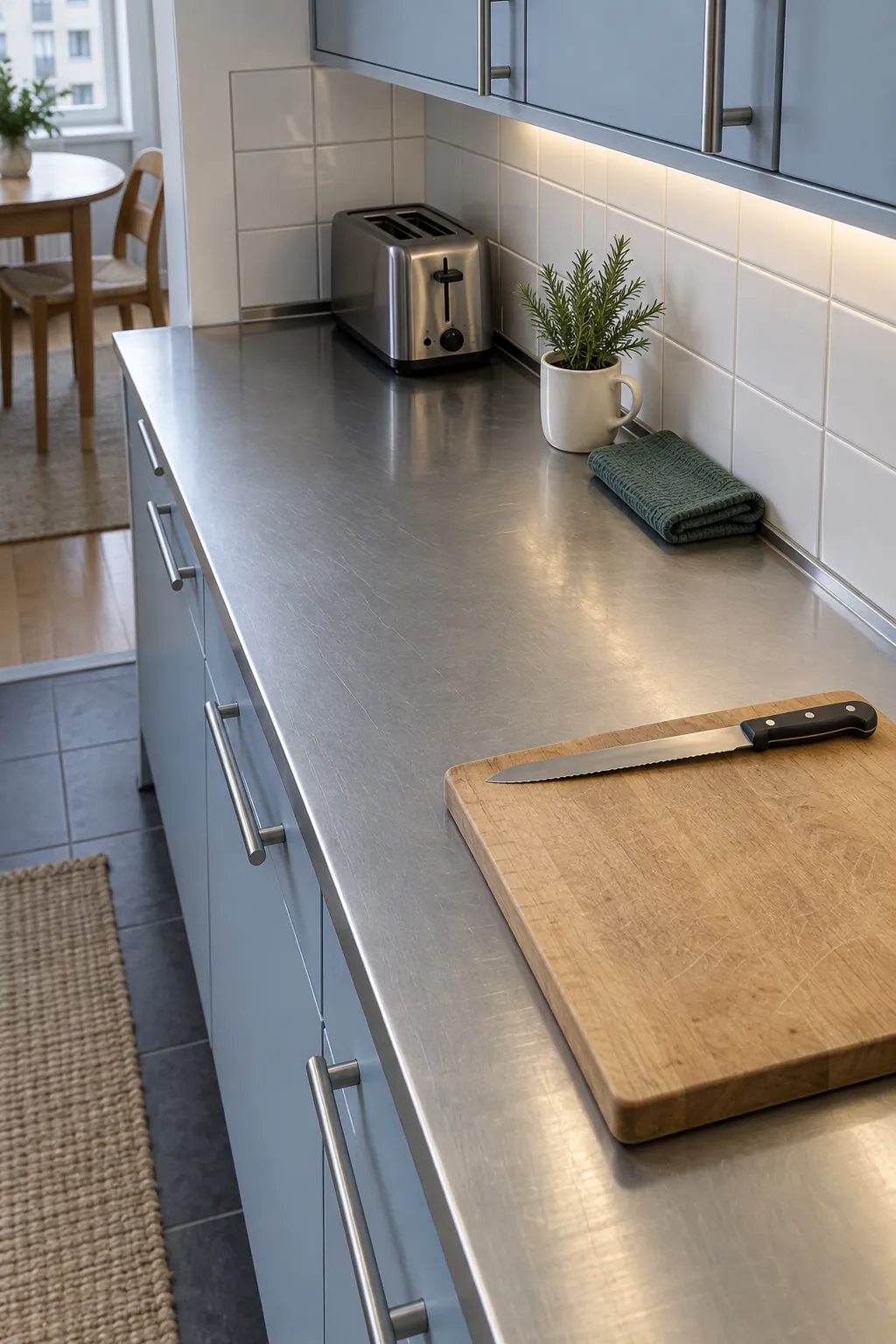 Clear kitchen preparation counter with a small rosemary display