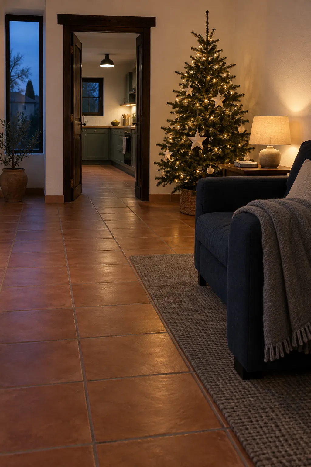 Unobstructed evening walkway beside Christmas seating