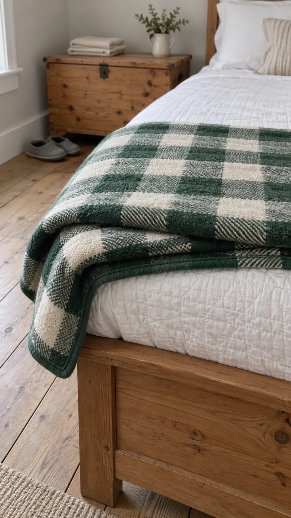 Fold a winter throw at the foot in a practical Christmas guest bedroom
