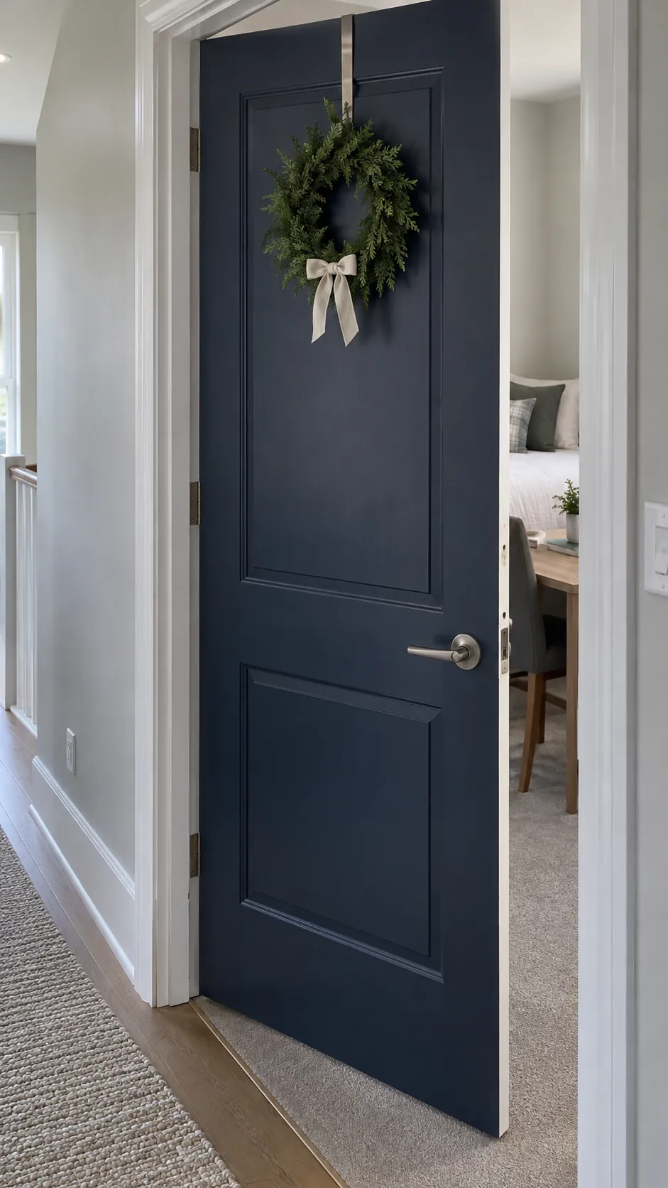Hang a small wreath outside the door in a practical Christmas guest bedroom