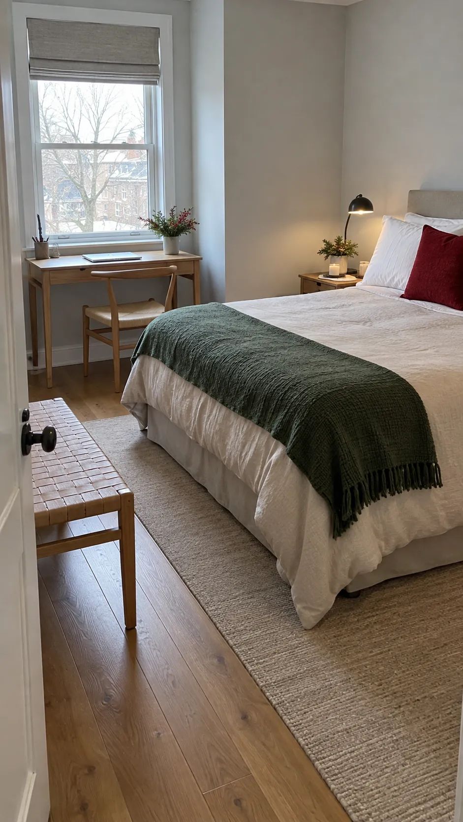 Restful guest bedroom with a cranberry cushion and a useful winter throw