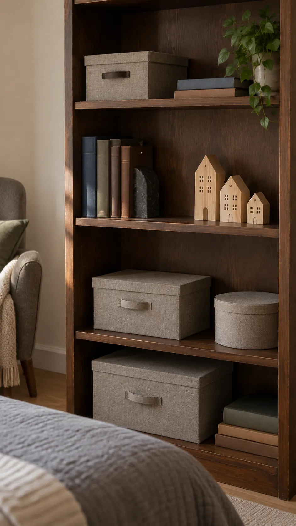 Give the shelf one quiet display in a practical Christmas guest bedroom