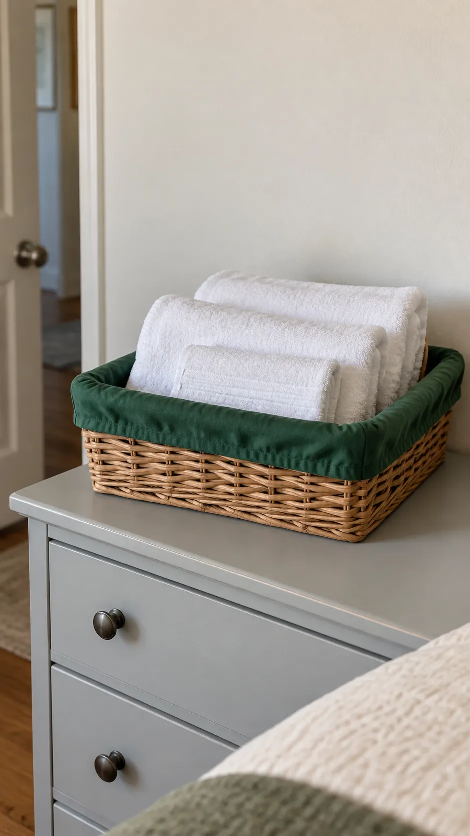 Put fresh towels in a seasonal basket in a practical Christmas guest bedroom