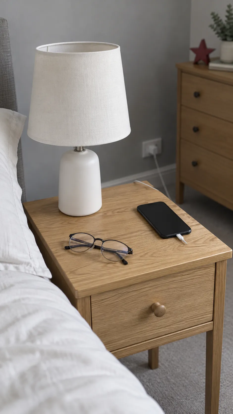 Leave bedside space for personal things in a practical Christmas guest bedroom