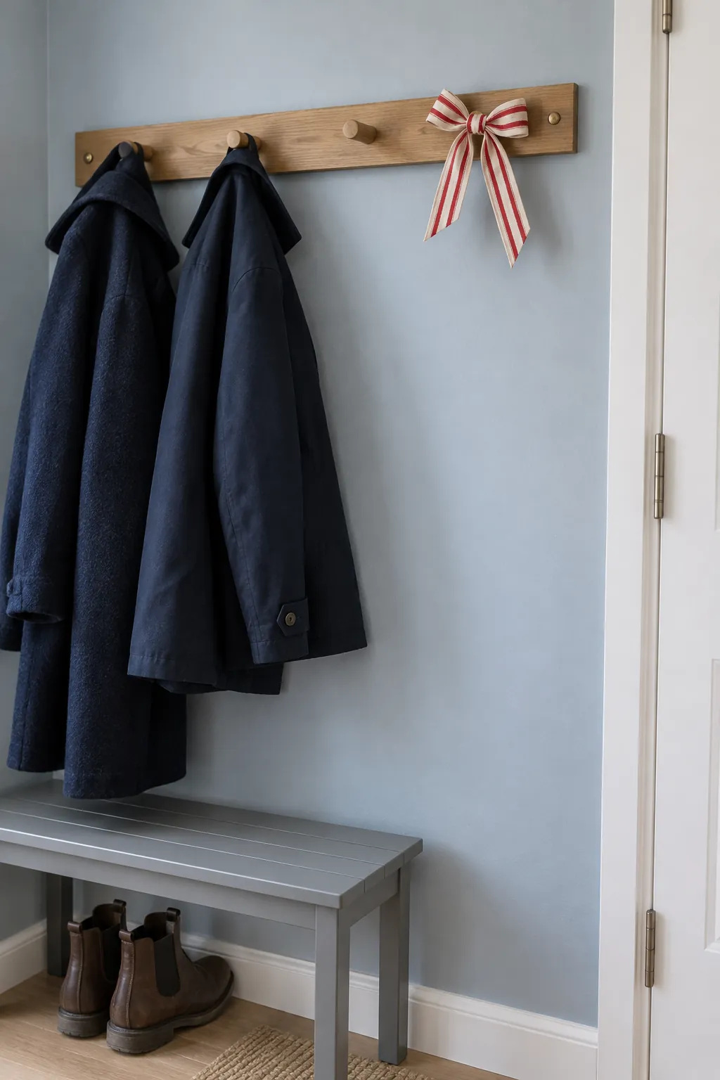 Tie a bow on an unused peg in a Christmas entryway without a tree