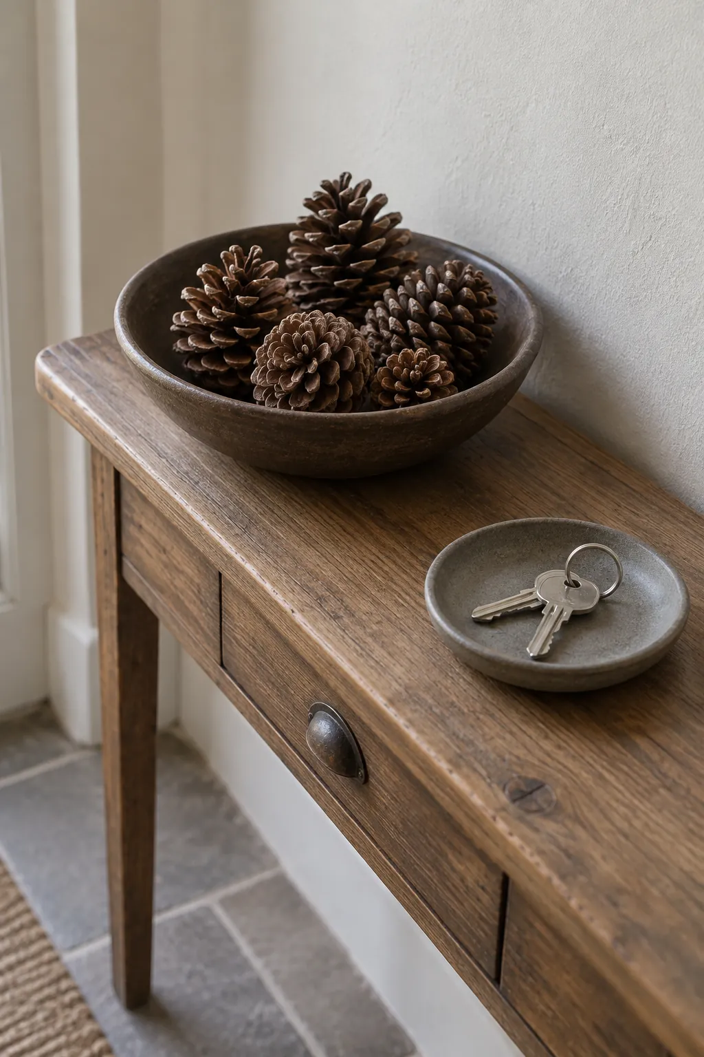 Fill a shallow bowl with pinecones in a Christmas entryway without a tree