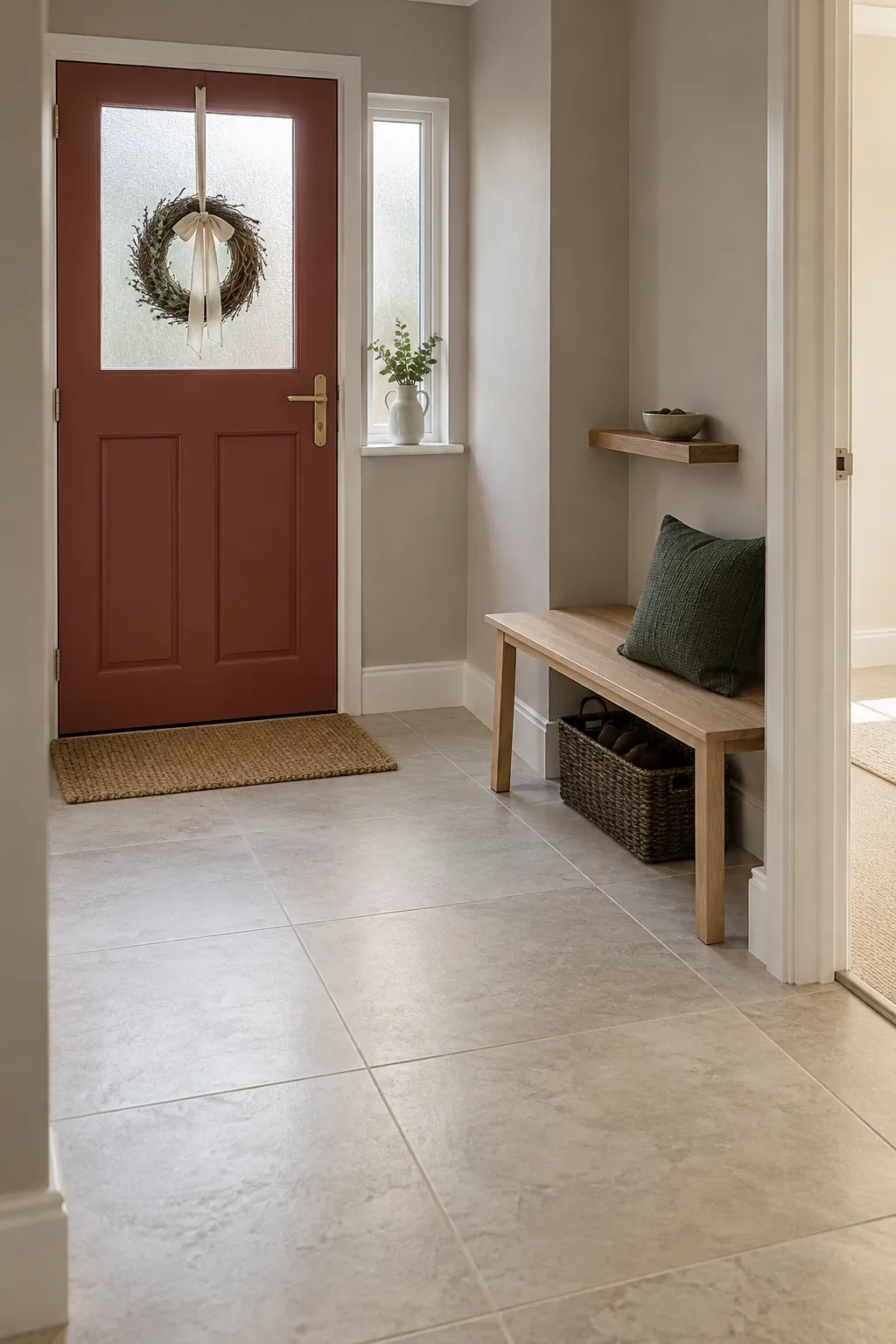 Christmas entrance with a slim wreath and bench cushion, without a tree