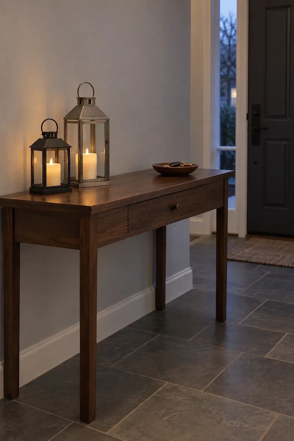 Display a pair of indoor lanterns in a Christmas entryway without a tree