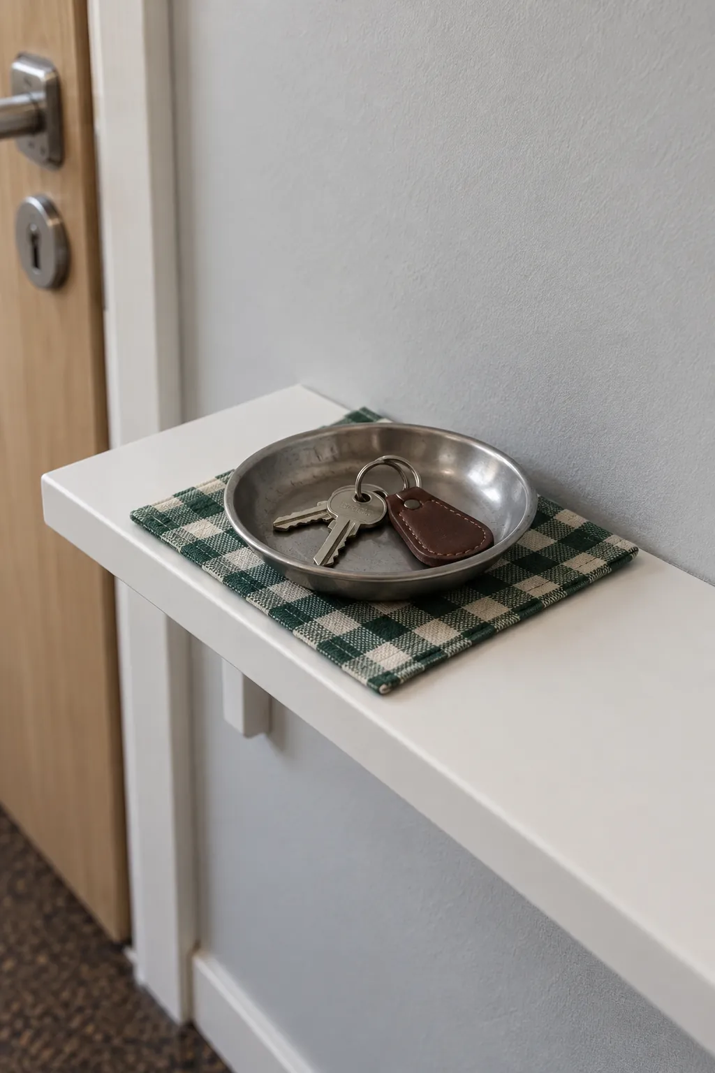 Place a festive cloth under the key dish in a Christmas entryway without a tree