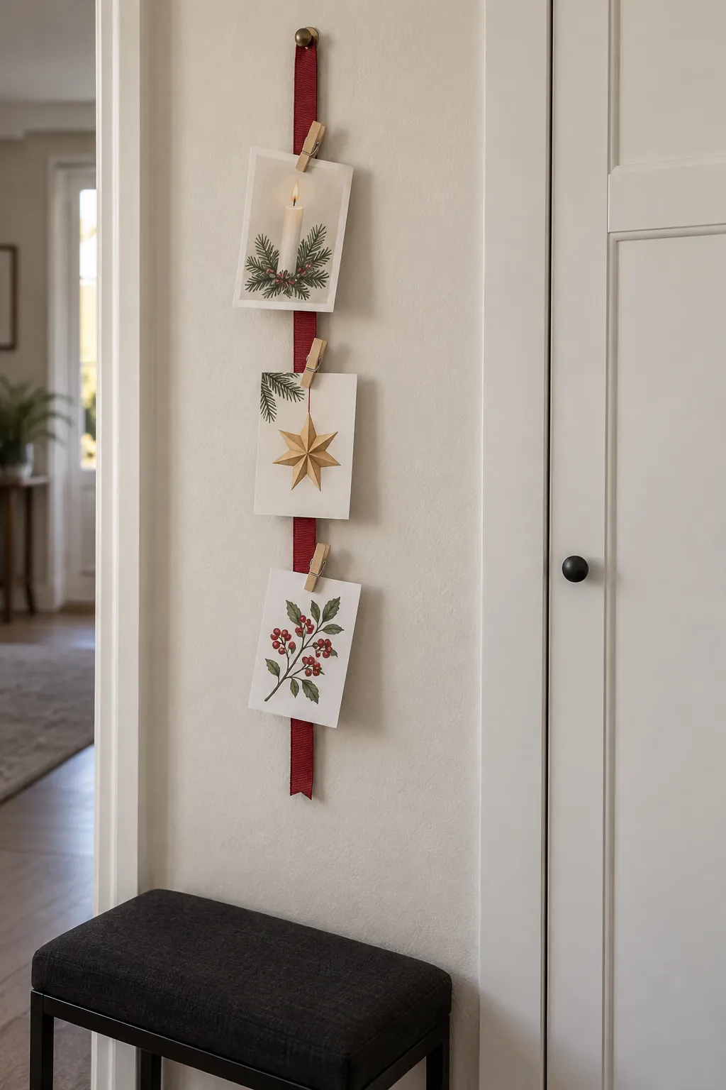 Clip cards to a short wall ribbon in a Christmas entryway without a tree