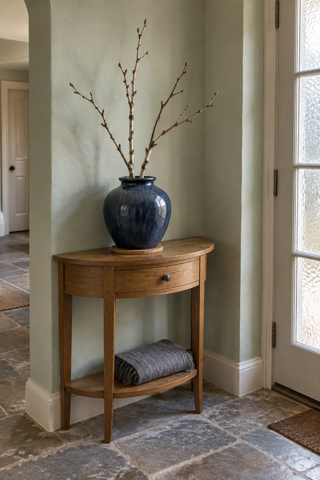 Use a small winter branch arrangement in a Christmas entryway without a tree