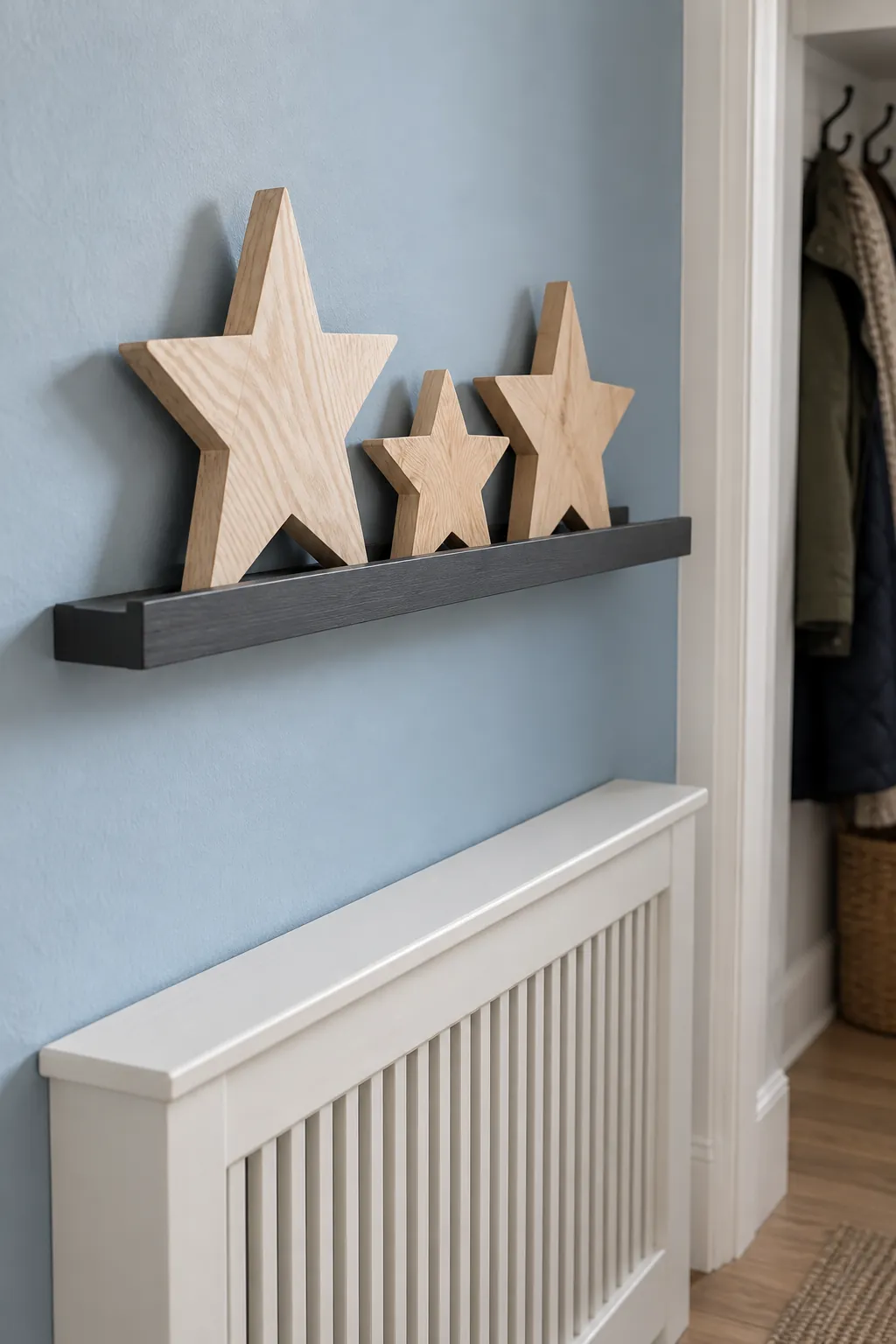 Gather wooden stars on a ledge in a Christmas entryway without a tree