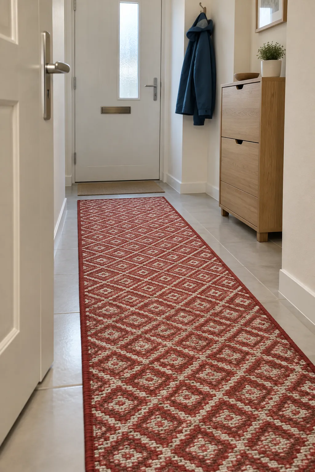 Swap the entry runner for a red pattern in a Christmas entryway without a tree