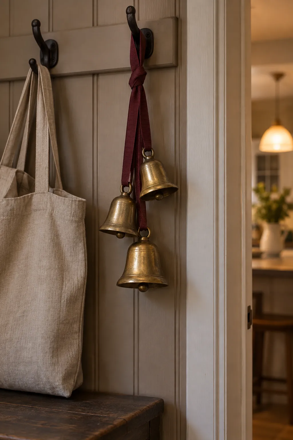 Add a small bell cluster in a Christmas entryway without a tree