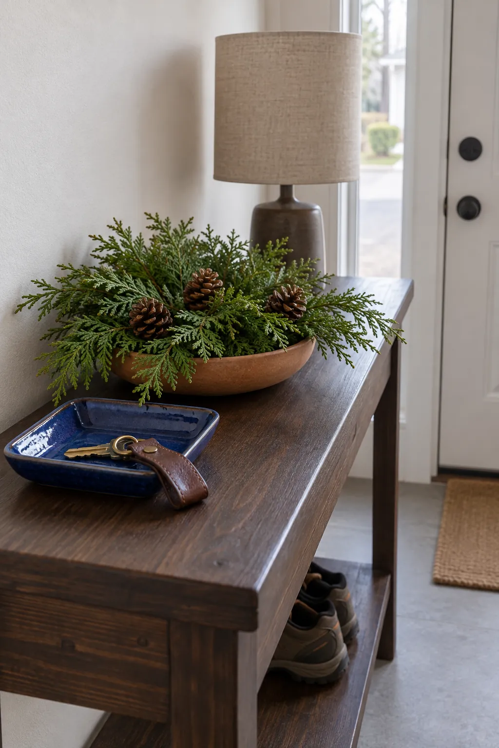 Set a low cedar arrangement on the console in a Christmas entryway without a tree
