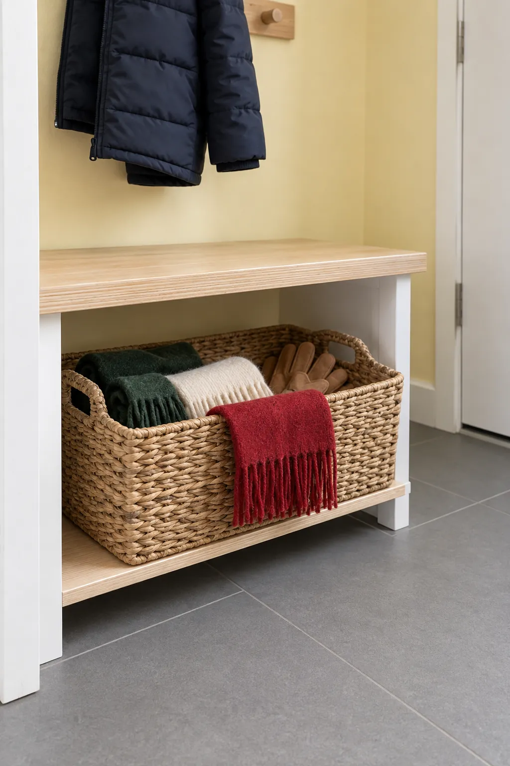 Turn the coat basket into a color accent in a Christmas entryway without a tree