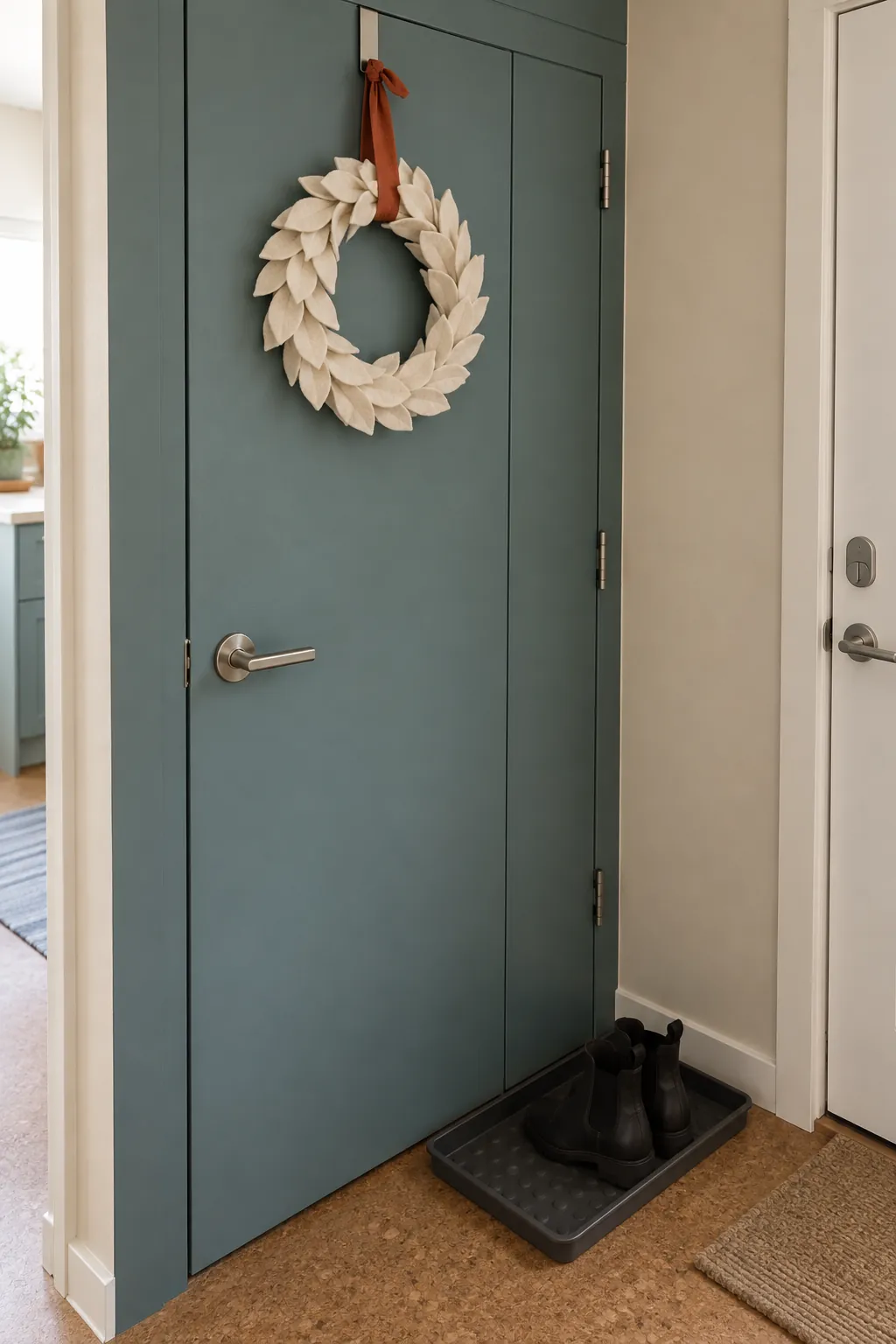 Use an unscented wreath on the closet door in a Christmas entryway without a tree
