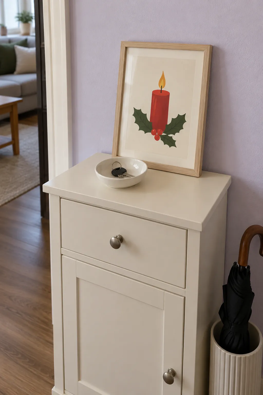 Frame a simple holiday print in a Christmas entryway without a tree