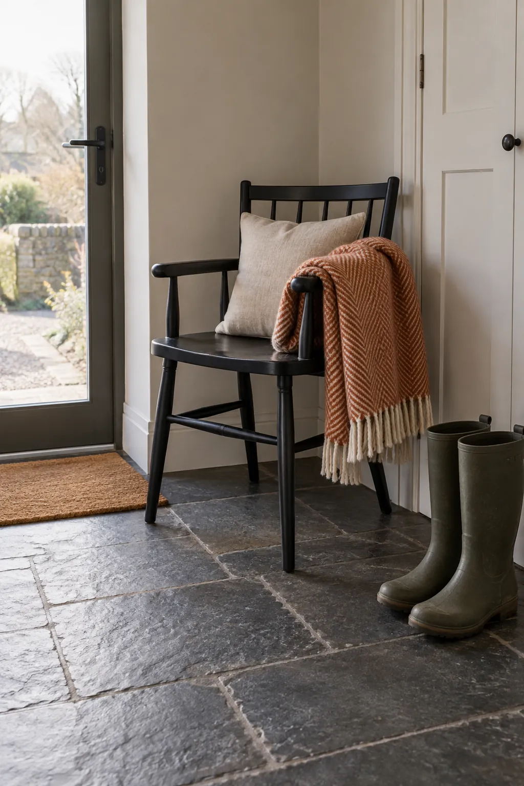 Put a wool throw on the hall chair in a Christmas entryway without a tree