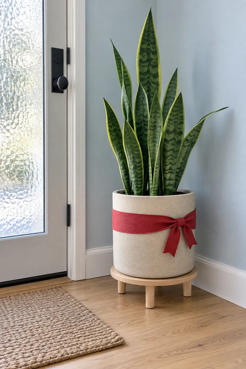 Tie a ribbon around a plain planter in a Christmas entryway without a tree