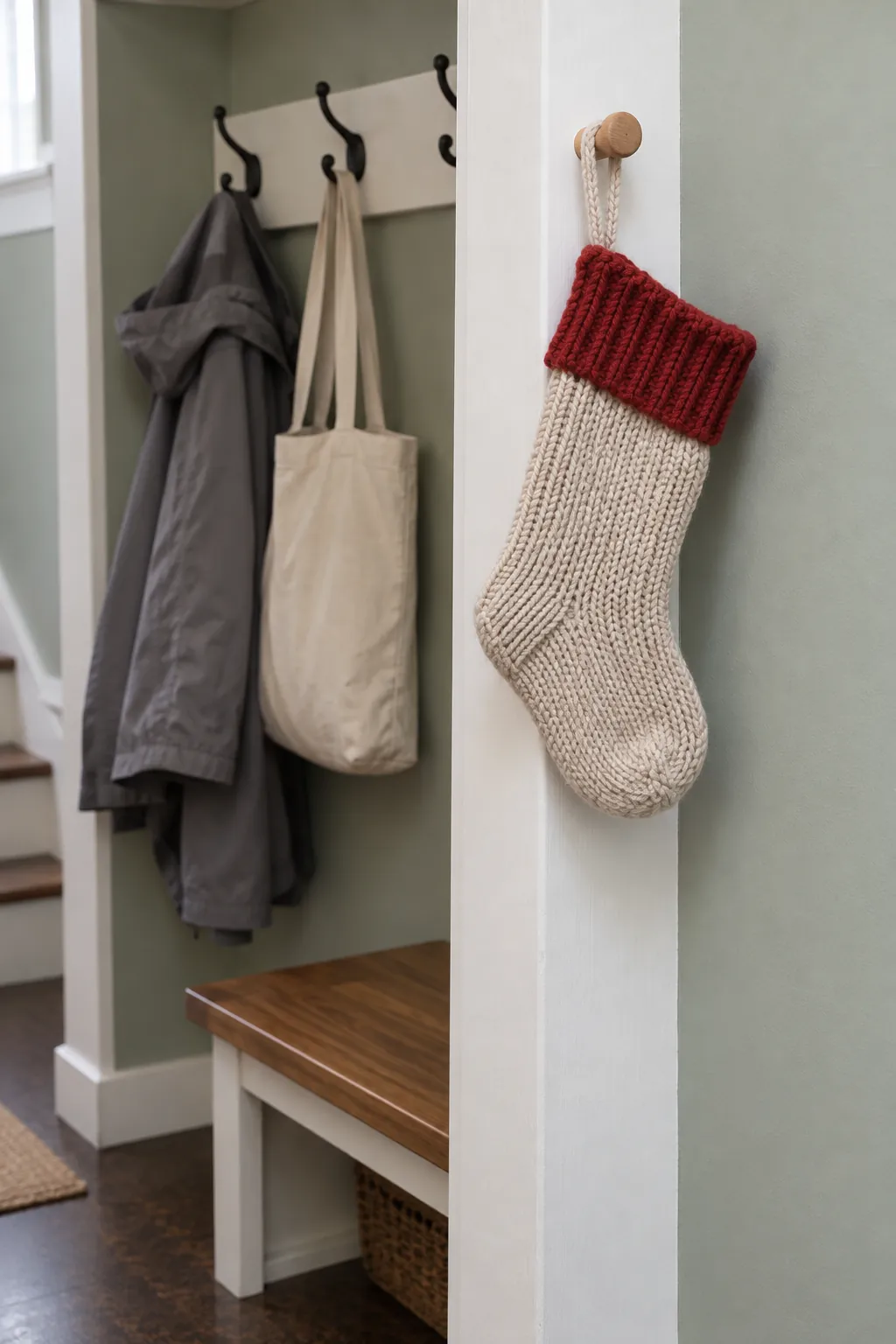 Keep one knitted stocking off the coat hooks in a Christmas entryway without a tree
