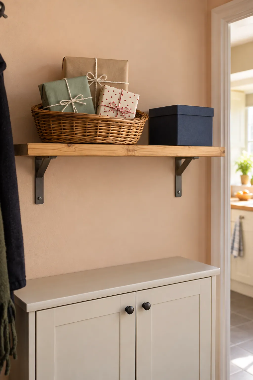 Use a basket of wrapped parcels on a shelf in a Christmas entryway without a tree
