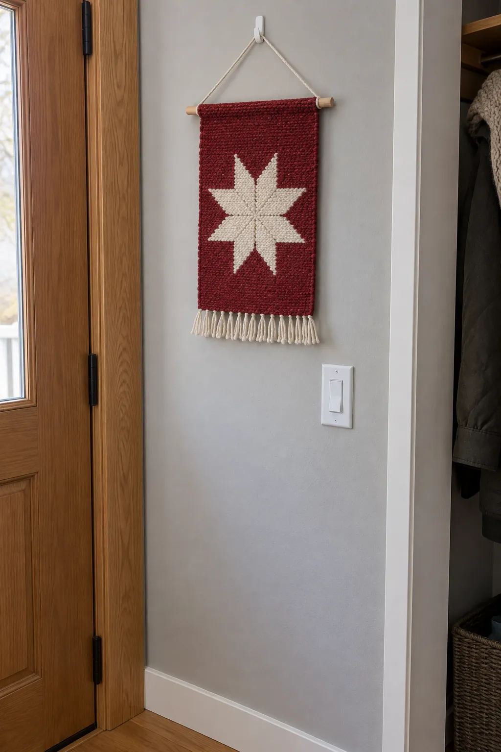 Give a narrow wall one textile accent in a Christmas entryway without a tree