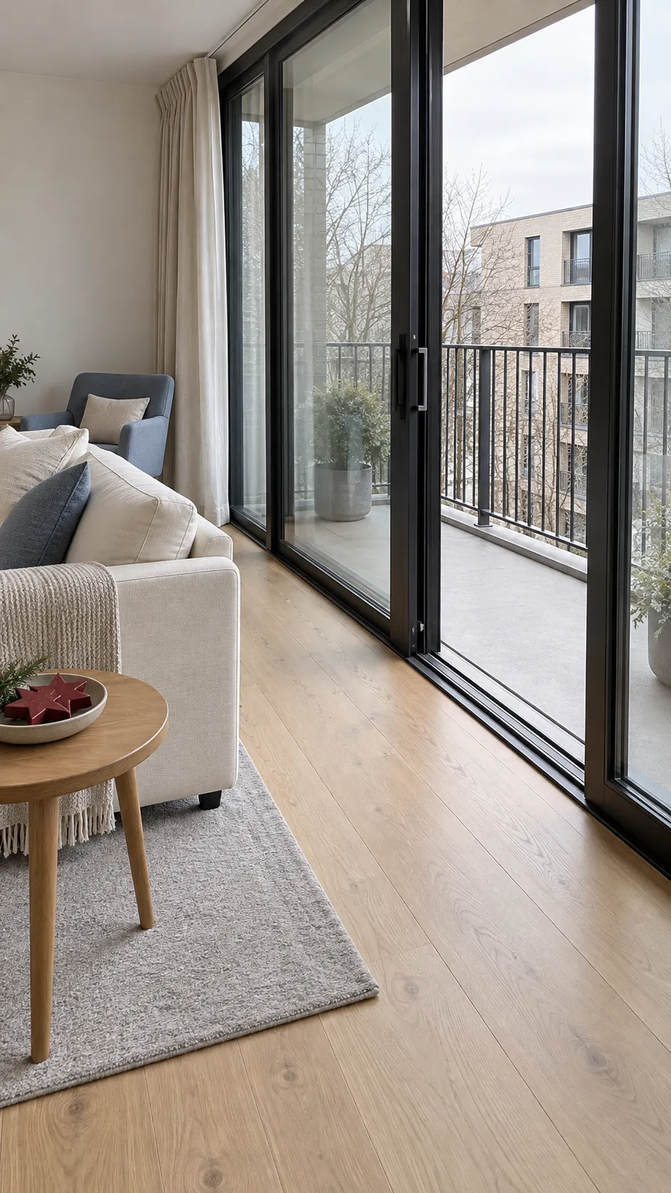 Plan around the glass before choosing decorations in a Christmas living room with large windows