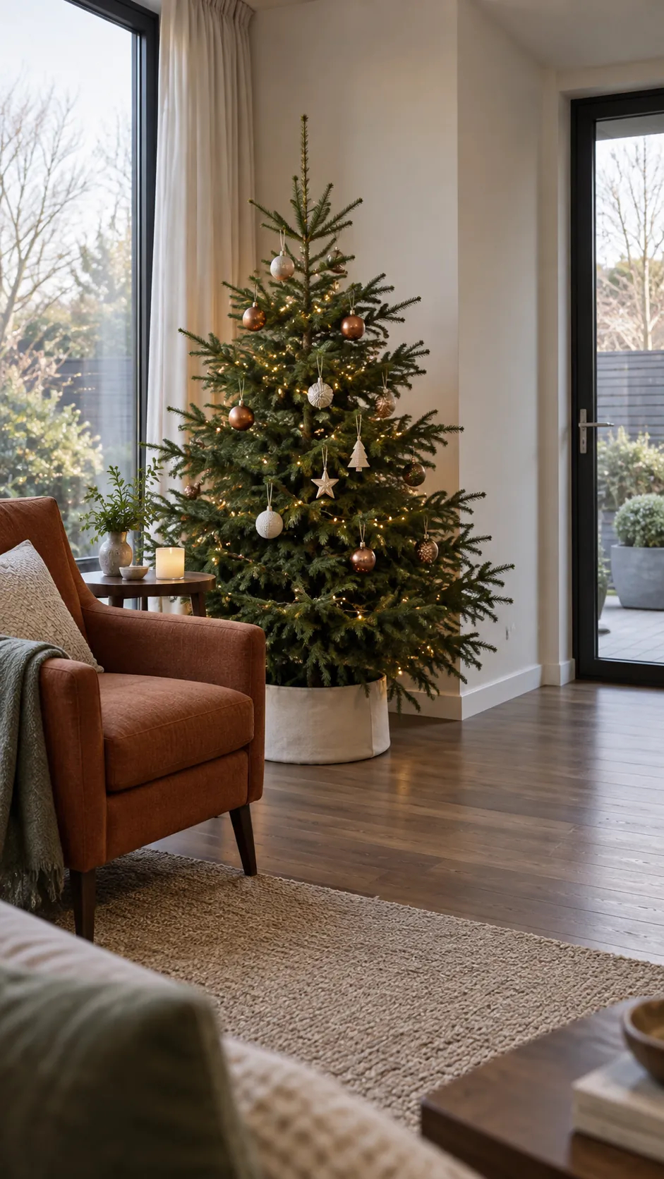 Give the tree a furniture zone in a Christmas living room with large windows