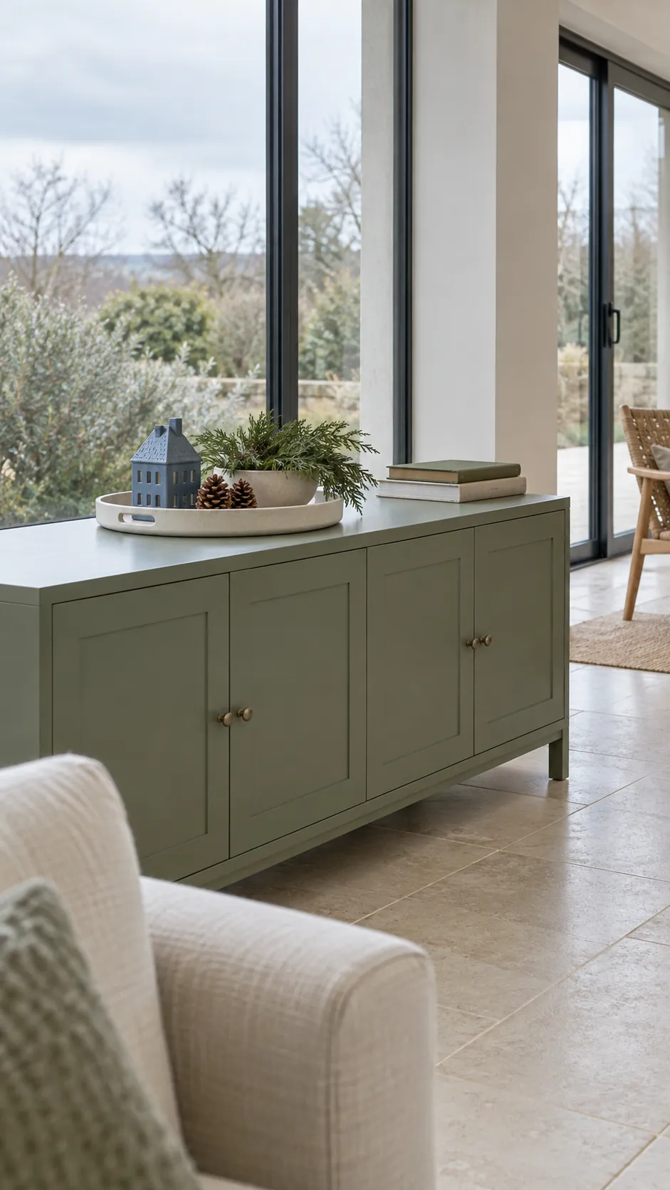 Use the solid surfaces you already have in a Christmas living room with large windows
