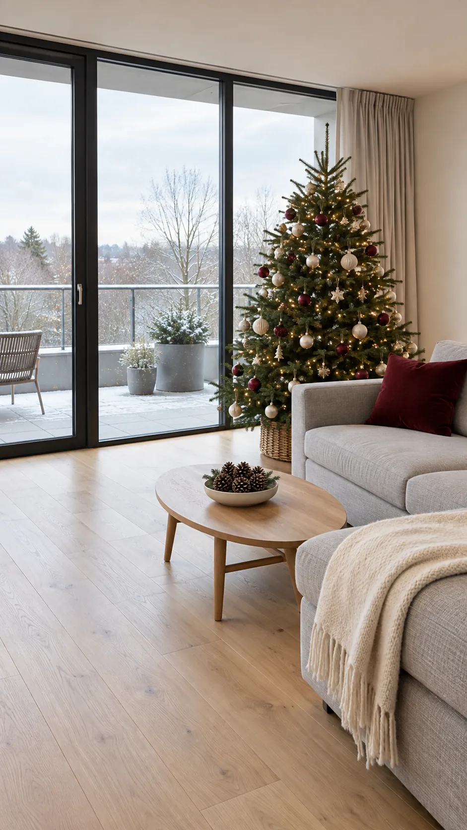 Bright Christmas living room with full height windows and clear access