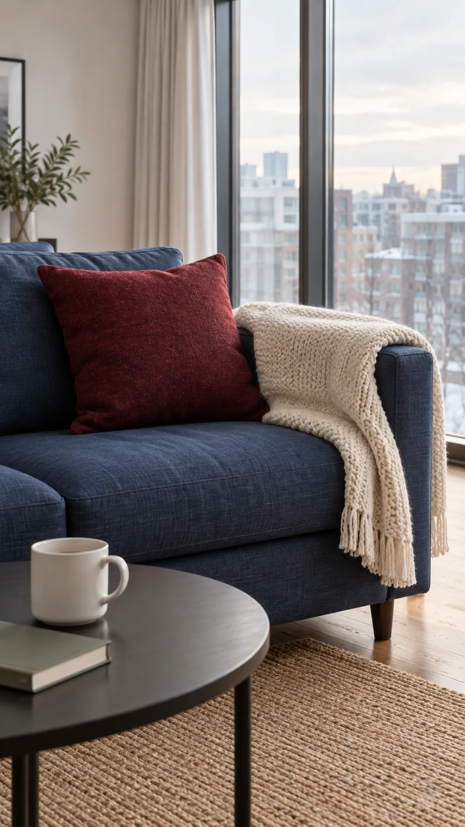 Put warmth into the seating area in a Christmas living room with large windows