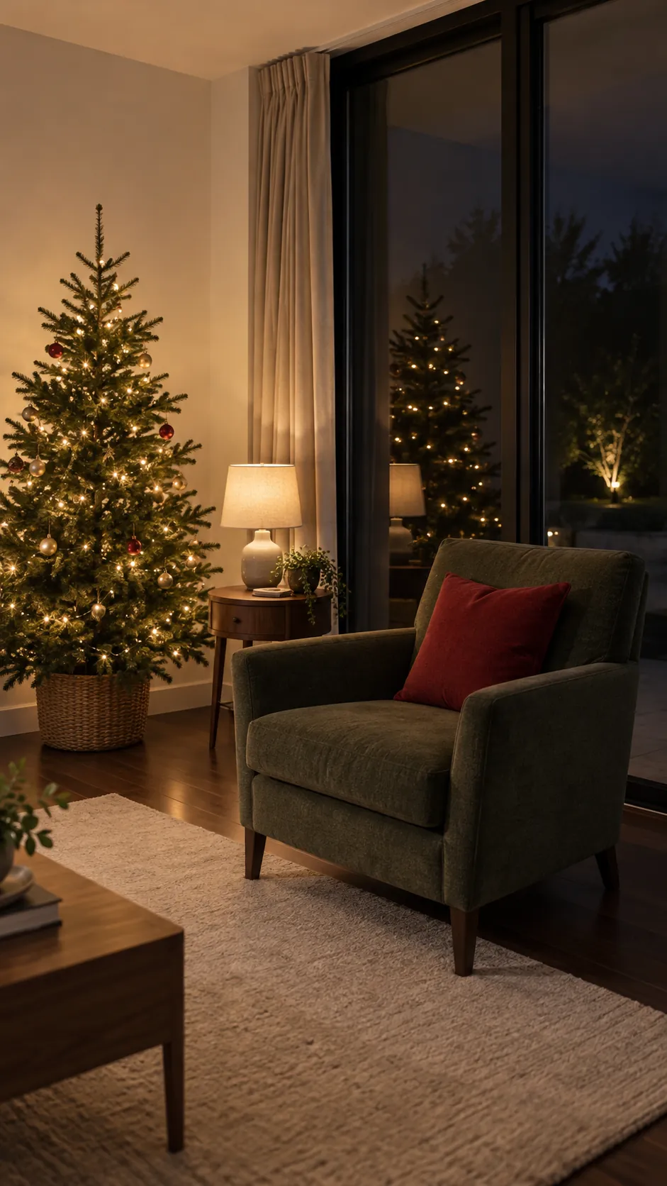 Check the room after dark in a Christmas living room with large windows
