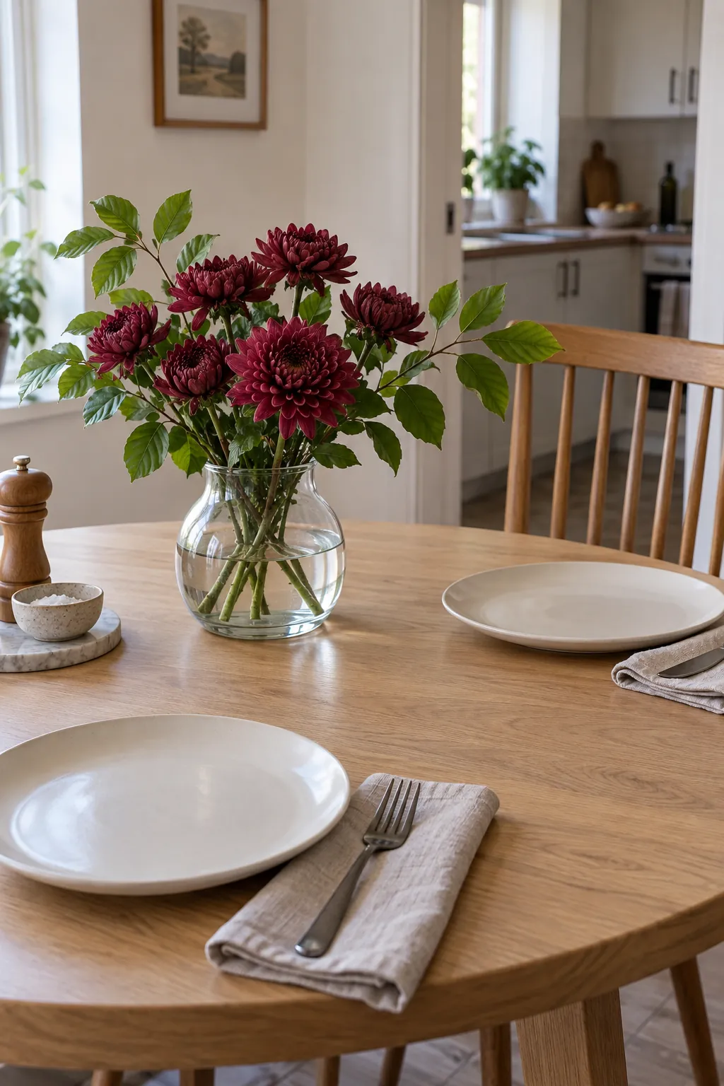 Fresh burgundy chrysanthemums in a low vase on a dining table