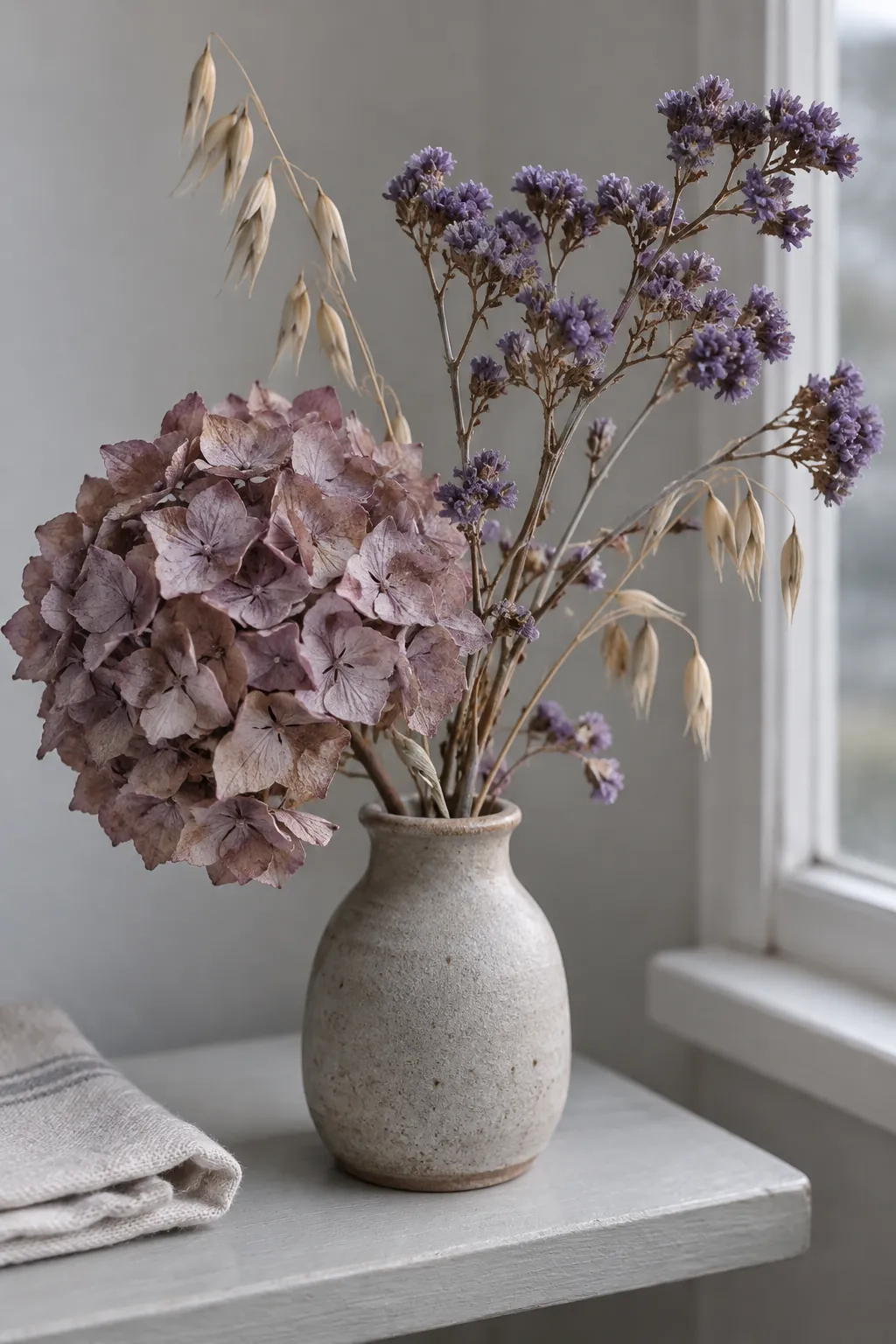 Dried hydrangea and statice showing different stem volumes