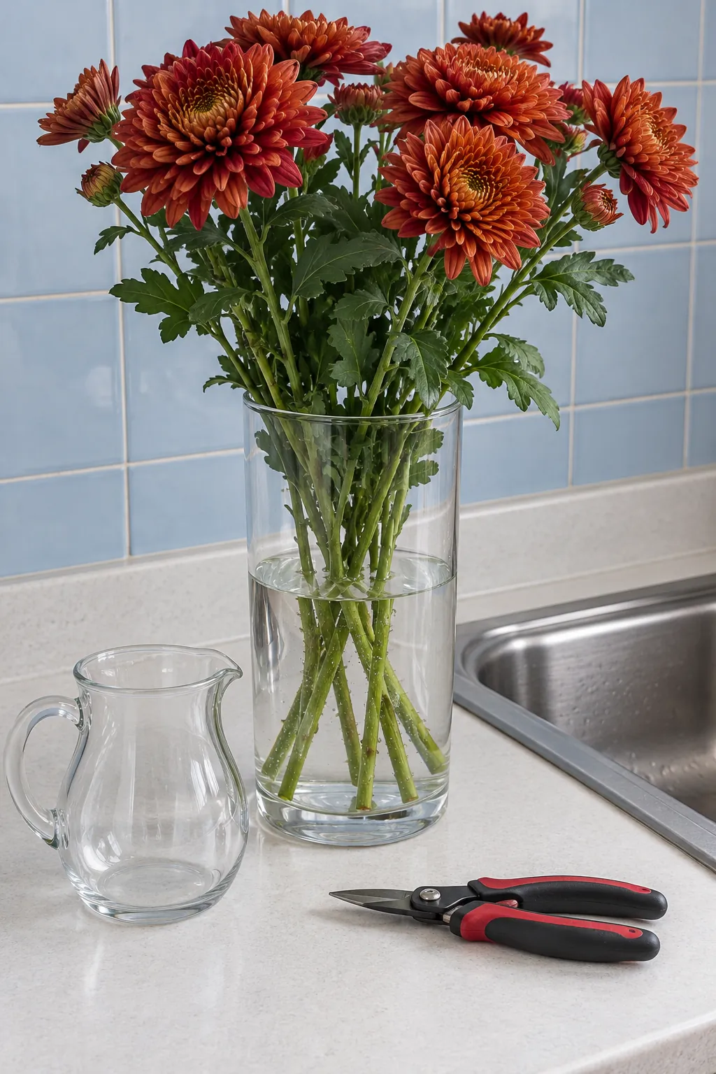 Clean glass vase with fresh autumn flowers and visible water