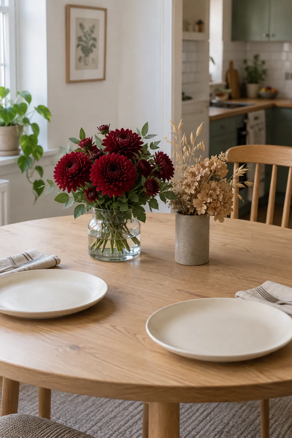 Fresh chrysanthemums and a dried autumn bouquet on an everyday table