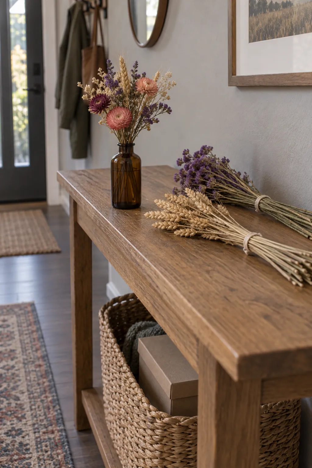 Small dried fall bouquet beside sorted flower bunches
