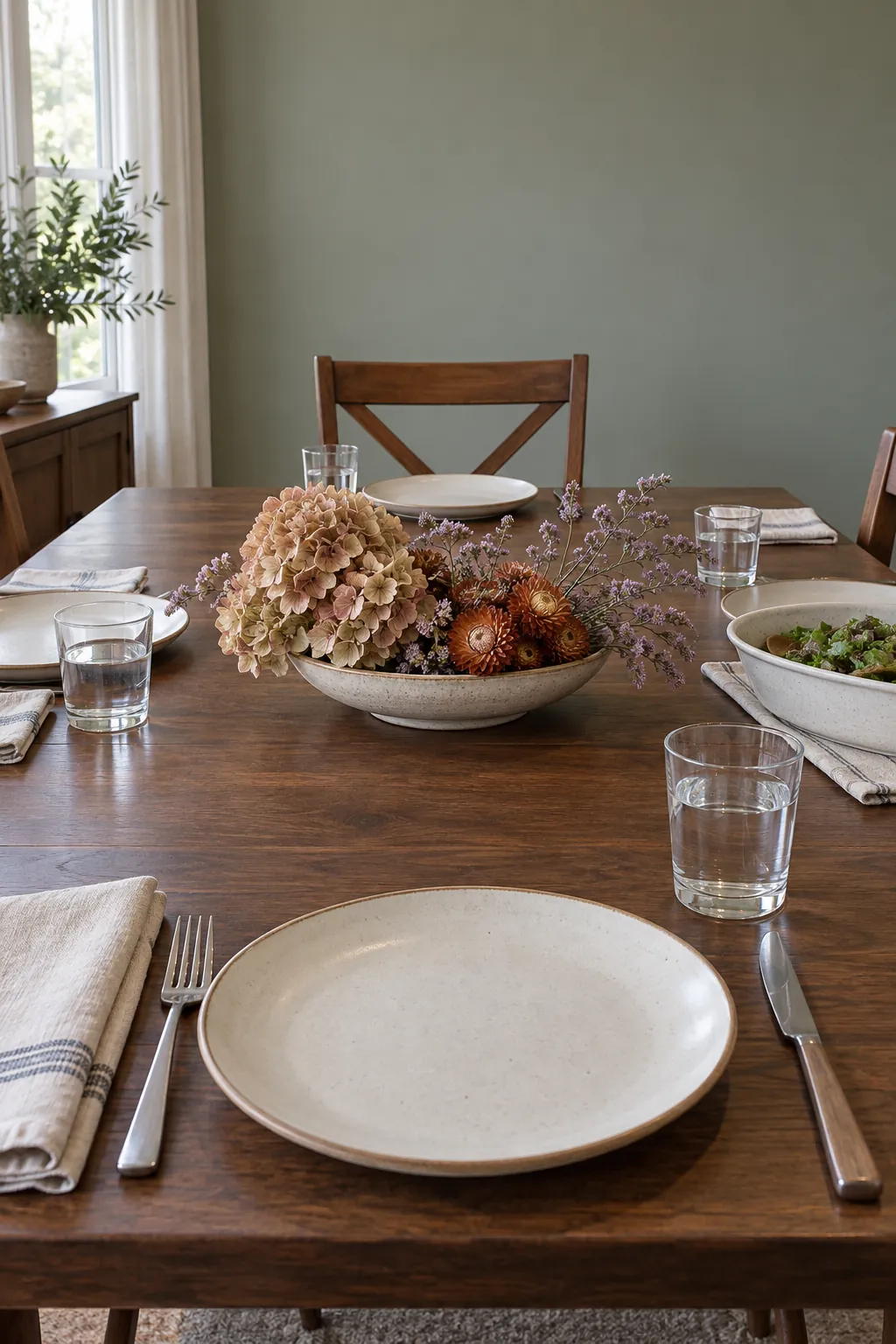 Low dried flower centerpiece with clear space for table settings