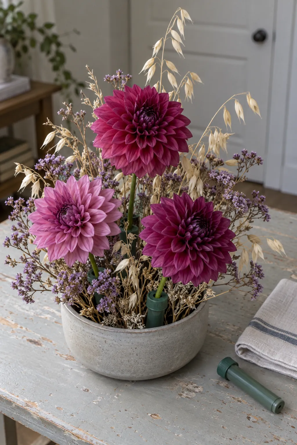 Mixed autumn arrangement with dried stems above water tubes